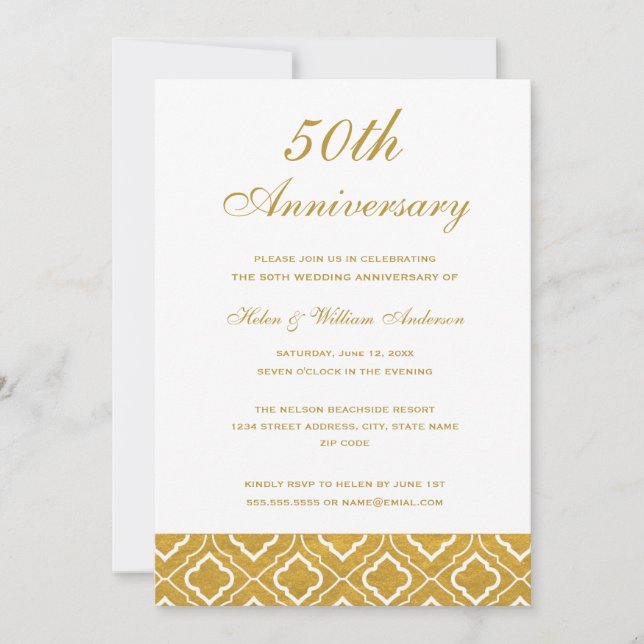Invitación de aniversario de bodas de patrón dorad (Anverso)