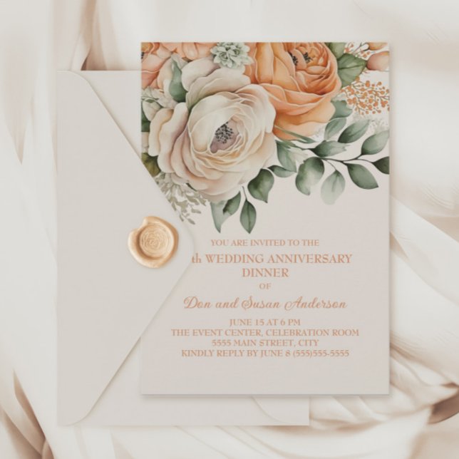 Invitación de aniversario de bodas de Peach Orange (Peach and cream-colored 25th wedding anniversary dinner party invitation)