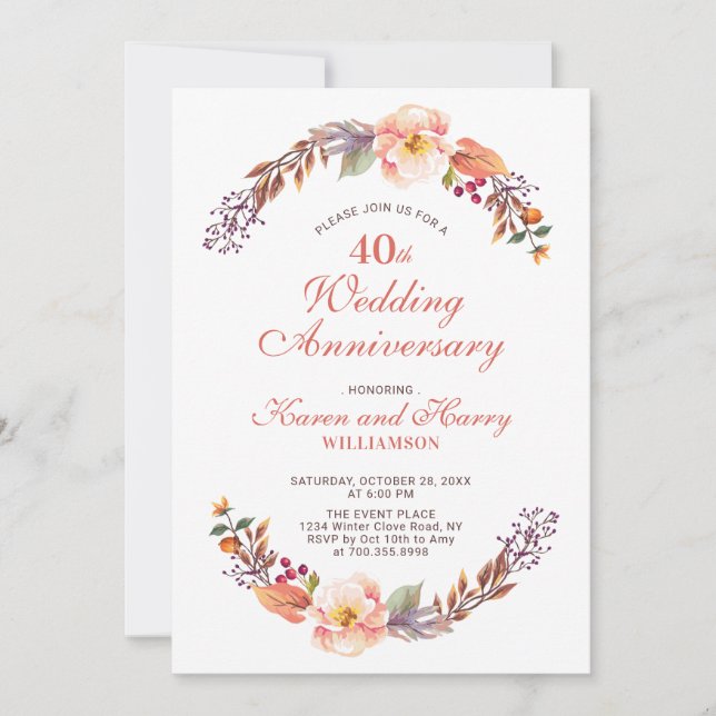 Invitación de aniversario de bodas de rubí floral  (Anverso)