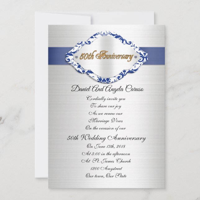 Invitación de aniversario de bodas número 50 azul  (Anverso)