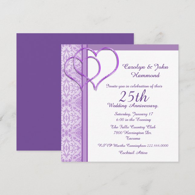 Invitación de aniversario de bodas Purple Hearts (Anverso / Reverso)