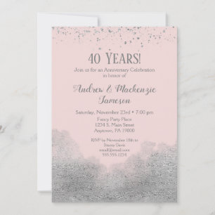 Invitación de aniversario de confeti plateado rosa