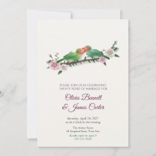 Invitación de aniversario de Lovebirds en una rama