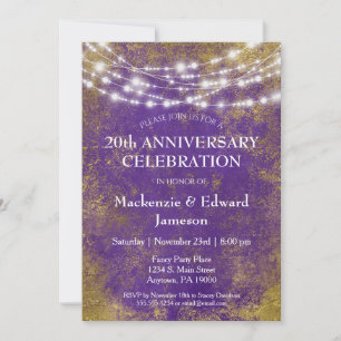 Invitación de aniversario de luces doradas púrpura