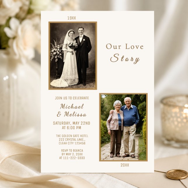 Invitación de aniversario de nuestra historia de a (Elegant our love story anniversary invitation with timeless ivory and gold romance)