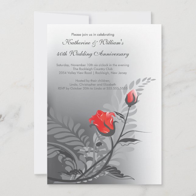 Invitación de Aniversario de Rosa Roja Elegante (Anverso)