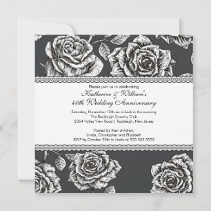 Invitación de Aniversario de Rosa Vintage en Negro