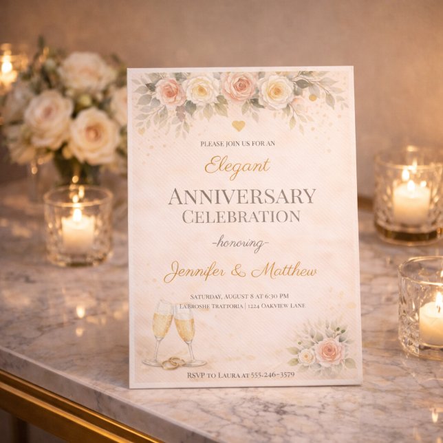 Invitación de aniversario floral dorado rosado (Blush and gold floral anniversary dinner invitation with soft roses and champagne detail)