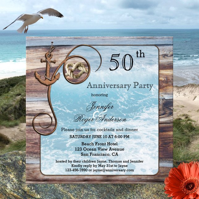 Invitación de Aniversario Náutico Rústico (Wedding anniversary invitation featuring ocean waves framed by rustic wood, an anchor and tied knot)