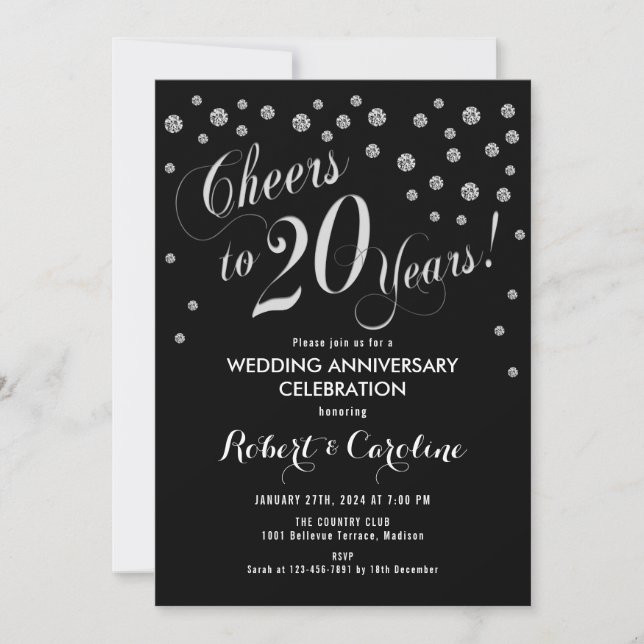 Invitación de aniversario número 20 en negro y pla (Anverso)
