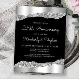 Invitación de aniversario número 25 Glam Silver Bl