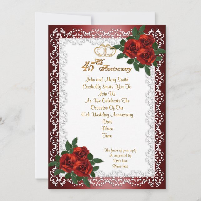 invitación de aniversario número 45 con rosas roja (Anverso)