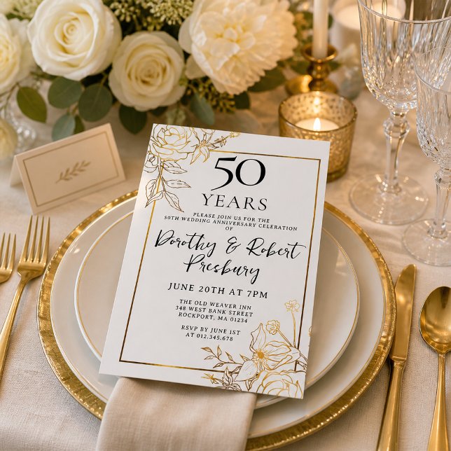 Invitación de aniversario número 50 floral blanco  (Subido por el creador)