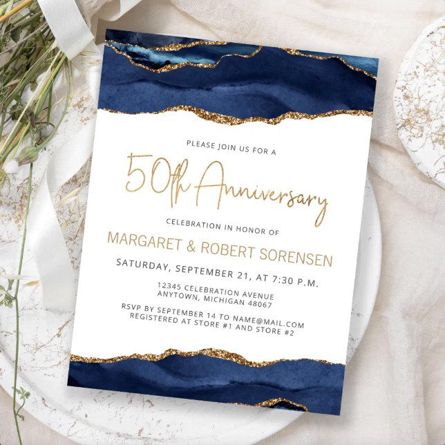 Invitación de Aniversario número 50 Navy Blue Gold (Subido por el creador)