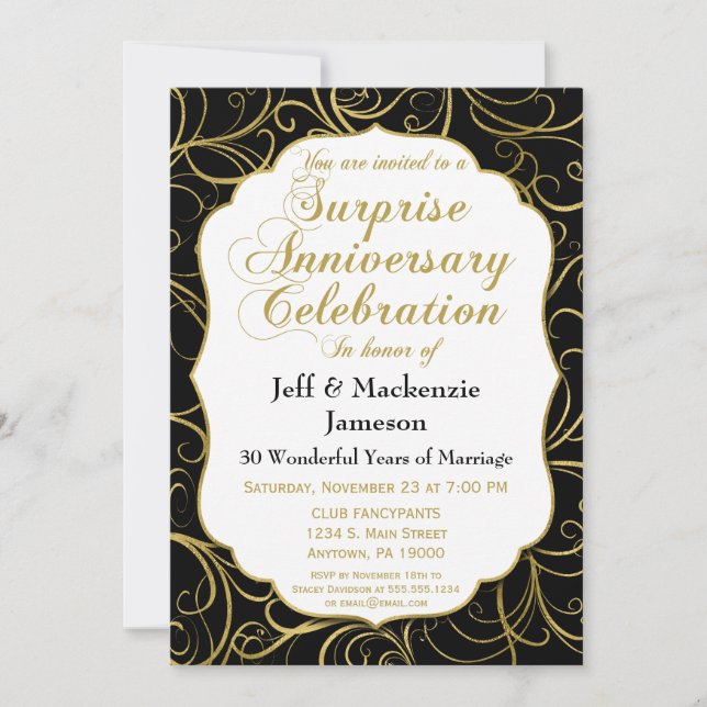 Invitación de aniversario sorpresa remolino de oro (Anverso)