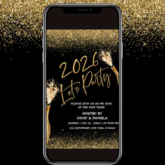 Invitación de Año Nuevo 2026 Let's Party Black Gol