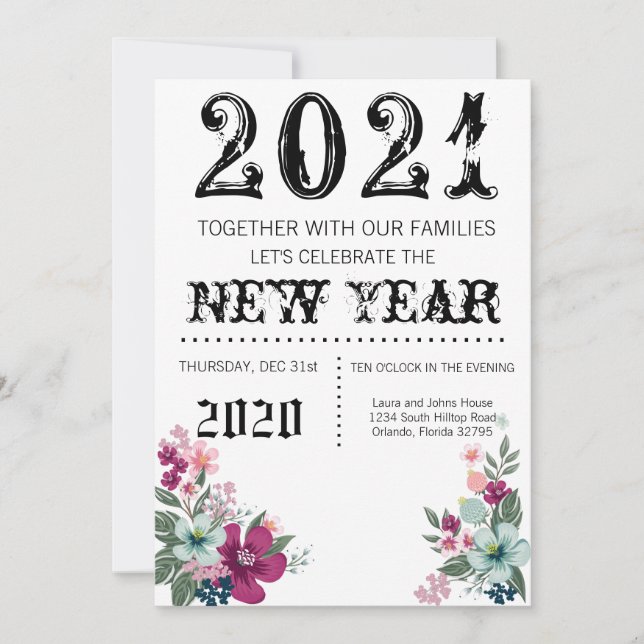 Invitación de Año Nuevo 5x7 Flores tropicales (Anverso)