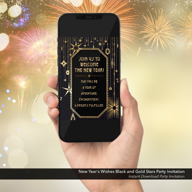 Invitación de Año Nuevo a la fiesta de los deseos  (New Year's Eve Party E-Card Invitation Slide 1: Glamorous, Art Deco, Retro, Black with Gold Stars)