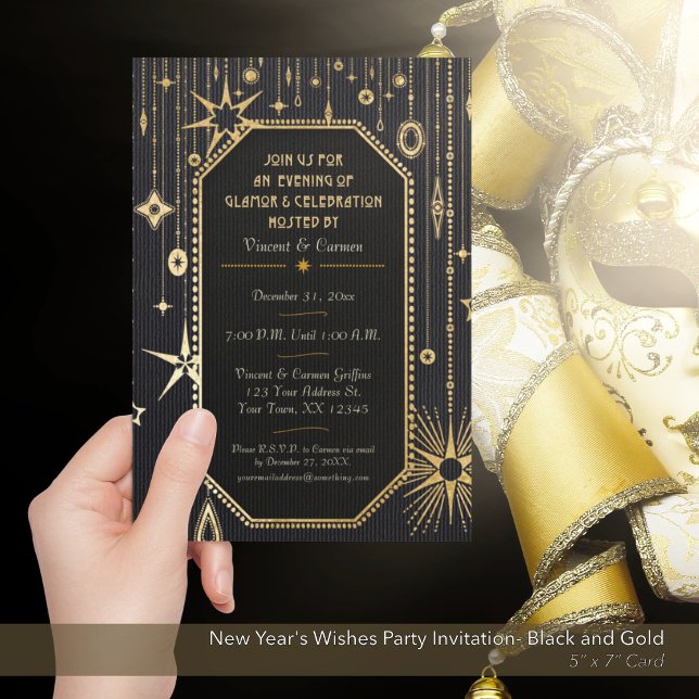 Invitación de Año Nuevo a la fiesta de los deseos  (New Year's Wishes Black and Gold Party Invitation)