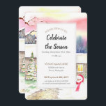 Invitación de Año Nuevo a Navidades de Cottage Sno<br><div class="desc">Basado en mi pintura de acuarela, Snowy Cottage, un cuadro de una hermosa foto de invierno de una cabaña cubierta de nieve con techo de paja inglesa, con una conífera decorada en la parte delantera de la casa y un lindo saludo de snowman en primer plano. La cabaña estaba totalmente...</div>