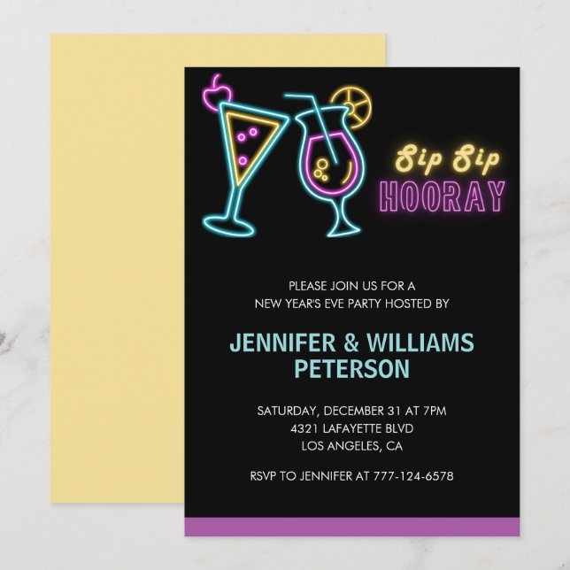Invitación de Año Nuevo Cocktail Neon Glow (Anverso / Reverso)