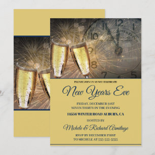 Invitación de Año Nuevo con champán y reloj con es