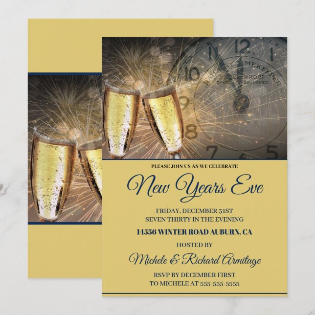 Invitación de Año Nuevo con champán y reloj con es (Anverso / Reverso)