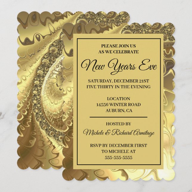 Invitación de Año Nuevo Dorado Glamuroso (Anverso / Reverso)
