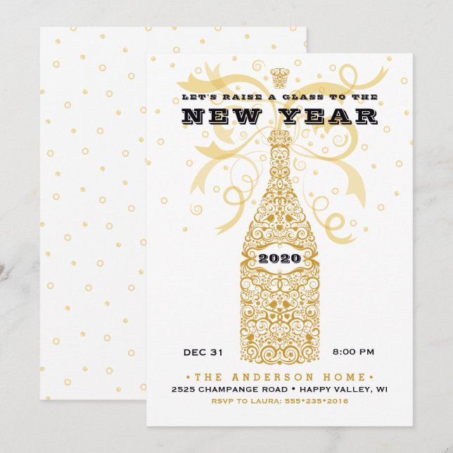 Invitación de Año Nuevo elegante a una fiesta de c (Anverso / Reverso)