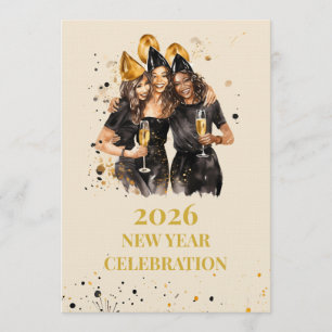 Invitación de Año Nuevo elegante en negro y dorado
