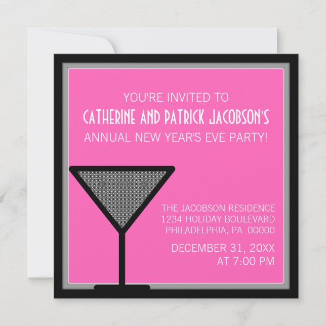 Invitación de Año Nuevo Glam Martini, rosa (Anverso)