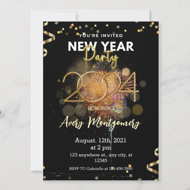 Invitación de Año Nuevo moderna de oro negro (Anverso)