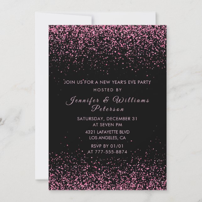 invitación de año nuevo negro con brillo rosa (Anverso)