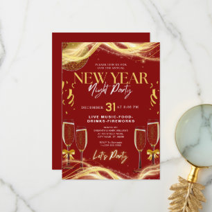 Invitación de Año Nuevo Tema Oro y Partido Rojo