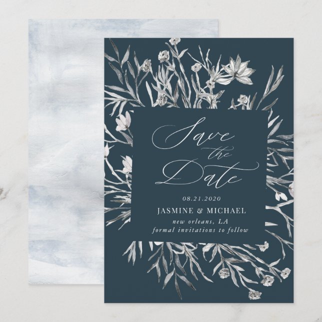 Invitación de anuncio de boda con estampado botáni (Anverso / Reverso)