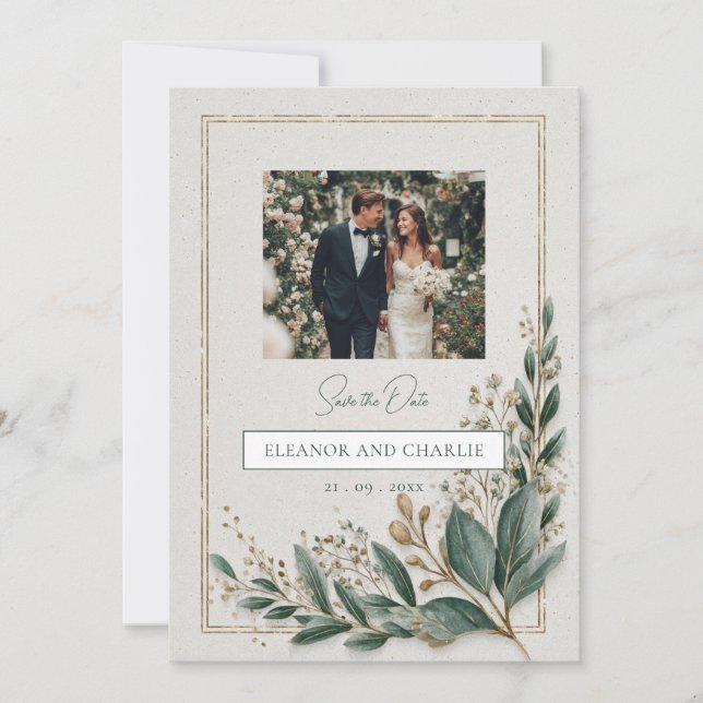 Invitación de Anuncio de Boda Elegante con Vegetac (Anverso)