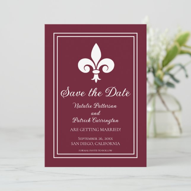 Invitación de Anuncio de Boda Fleur de Lis con Vin (Anverso de pie)
