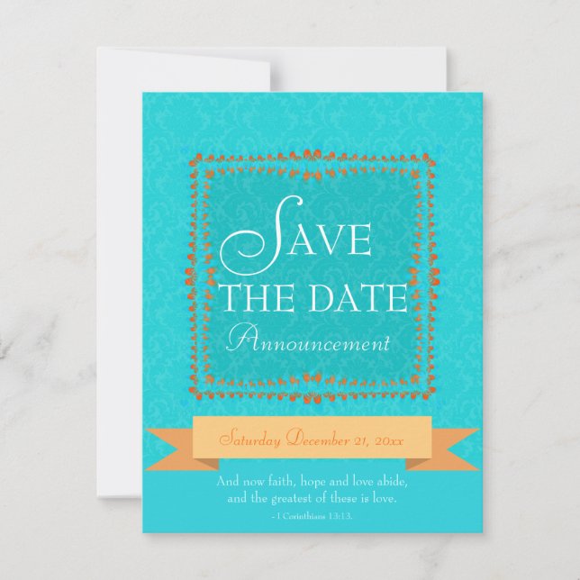 Invitación de anuncio de fecha Damask Aqua Blue Ro (Anverso)