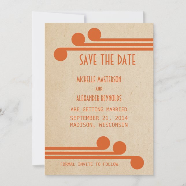 Invitación de Anuncio de Fecha de Art Deco Naranja (Anverso)