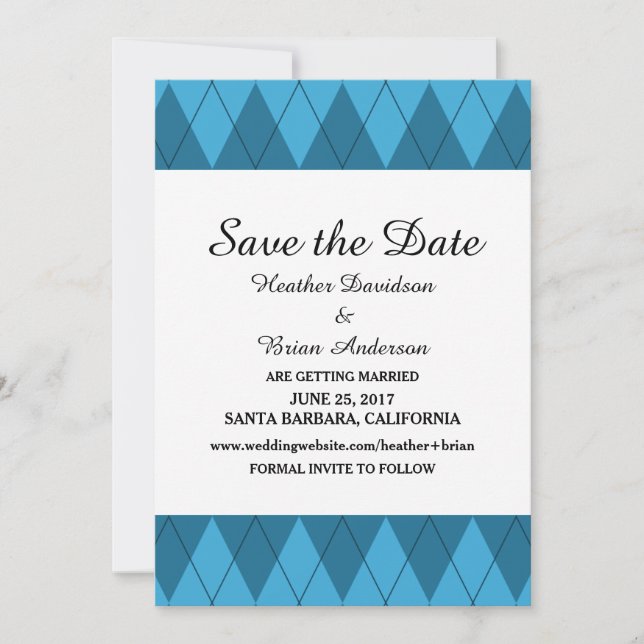 Invitación de anuncio de fecha de boda Argyle Azul (Anverso)