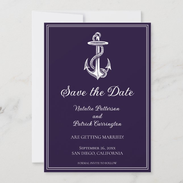 Invitación de anuncio de fecha de boda con ancla n (Anverso)