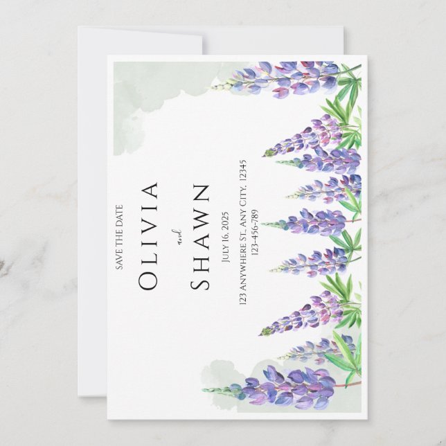 Invitación de anuncio de fecha de boda con lupino  (Anverso)