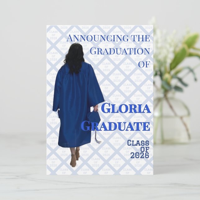 Invitación de Anuncio de Graduación Azul y Blanco (Anverso de pie)