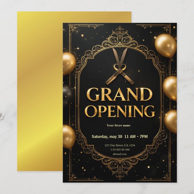 Invitación de apertura Premium Black & Gold Grand (Anverso / Reverso)