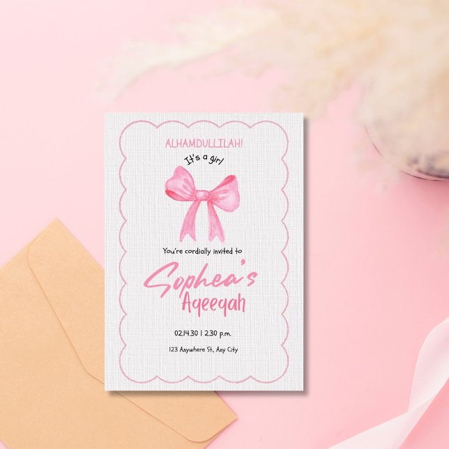 Invitación de Aqiqah con lazo rosa (Subido por el creador)