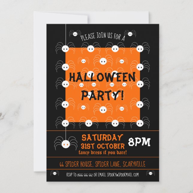 Invitación de araña de Halloween aguda negro y Nar (Anverso)