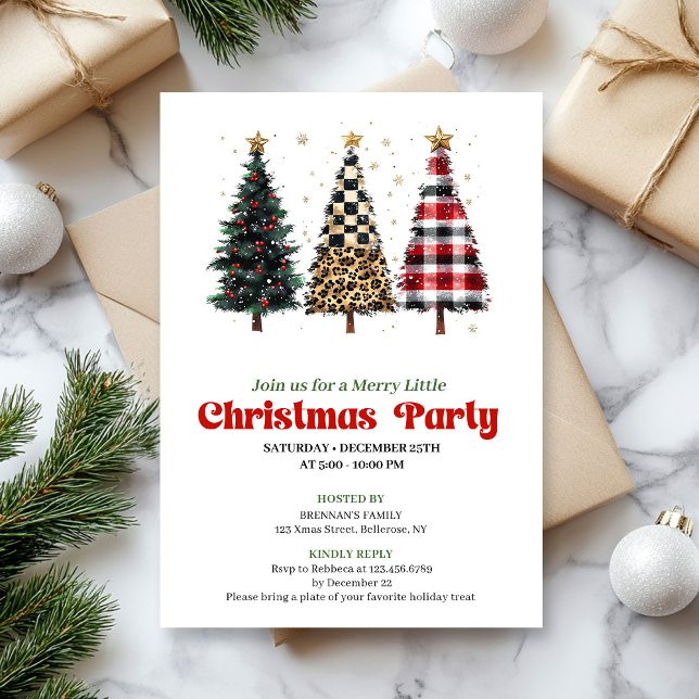 Invitación de árbol de Navidad caprichoso leopardo (Whimsical leopard and gold Christmas tree invitation)