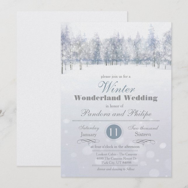 Invitación de árbol de nieve para boda de invierno (Anverso / Reverso)