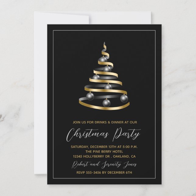 Invitación de árbol de oro negro Fiesta navidades (Anverso)