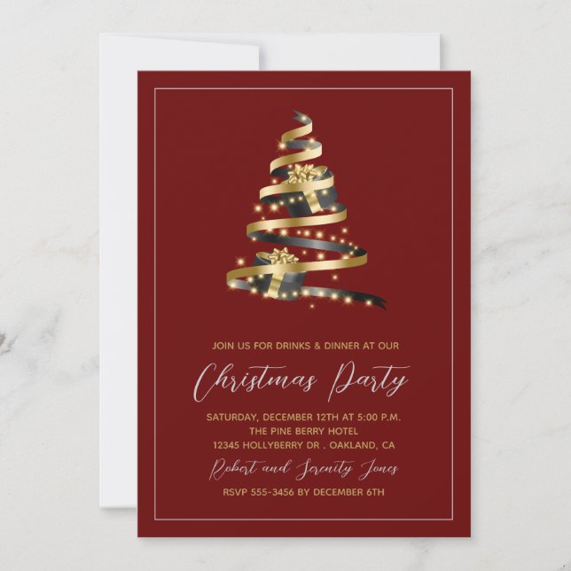 Invitación de árbol de oro rojo Fiesta navidades (Anverso)